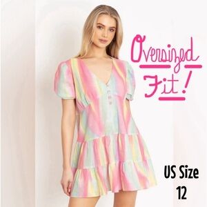 BLACKMILK Rainbow Puff Sleeve Smock DRESS! US 12 Oversized Cotton Pastel Tiered